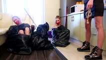 Merida & Hannah - Trash bag cleaning with bondage and packing (video)