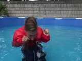 Watch Sandra enjoying the Pool during a hot summer Day with her shiny nylon Downjacket