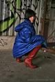 Blue Downcoat, purple Leggings, red Overknee Boots - Picture Series