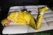 Get Pictures of Pia bound and gagged in her yellow shiny nylon Rainwear