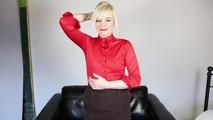 Buttoned-up in red masturbation