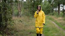 Miss Petra goes for a walk in friesennerz, yellow rain dungarees and rubber boots