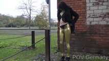 "Under german roofs" - Posing and Peeing in the new golden Disco Pants