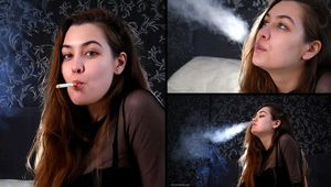 Ksenia is smoking 2 cigarettes in a row in her bedroom