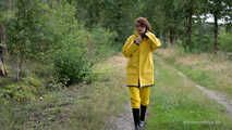 Miss Petra goes for a walk in friesennerz, yellow rain dungarees and rubber boots