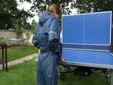 Watch Sandra playing Table Tennis in her oldschool Rainsuit