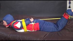 *** HOT HOT HOT*** NEW MODELL*** SANDRA wearing a sexy oldschool skibib tied, gagged and hooded on the sofa with ropes (Video)