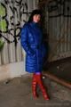 Blue Downcoat, purple Leggings, red Overknee Boots - Picture Series