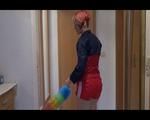 Sonja cleaning up the corridor wearing a very hot red shiny nylon shorts and an oldschool red/blue rain jacket (Video)