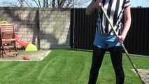 SEXY PIA in the garden with a sexy lightblue shiny nylon shorts over a black leggins and a top (Video)