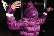 Sandra tied, gagged and hooded complete overhead with ropes and a clothgag wearing a sexy purple down jacket and a rain pant (Pics)