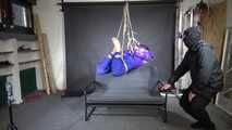 Marie M tightly bound and suspended in shiny nylon Downjacket