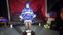 Sexy SONJA wearing a hot downwear combination being tied and gagged with ropes and a clothgag on a hairdressers chair covered with a raincape (Video)