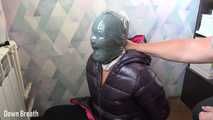 Plastic Bag breathplay in shiny Duvetica coat