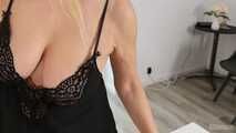Busty blonde Cara cleans the table in her black negligee