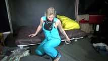 Sexy PIA wearing a hot turquose downbib ties and gagges herself with cuffs and a clothgag and enjoys the feeling (Video)